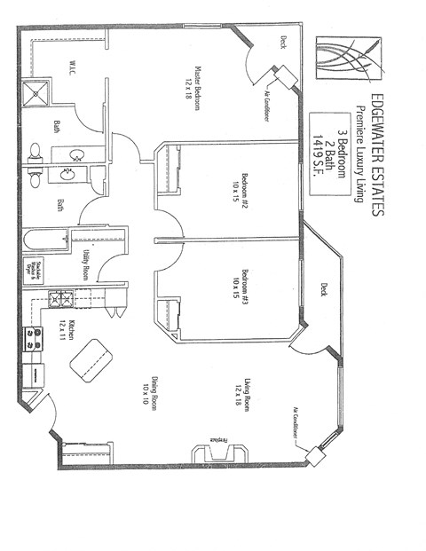Floor plan for 3 beds, 2 baths, 1419 sqft